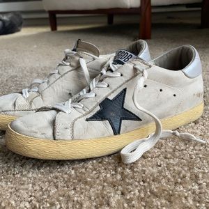 Golden Goose Superstar Sneakers, White/Black/Silver, Size 8